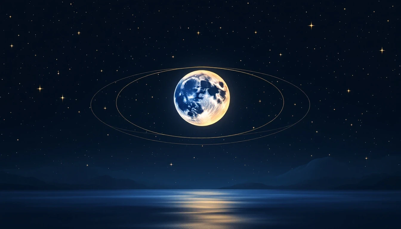 Gece gökyüzünde parlayan Ay ve etrafındaki zodyak sembollerinin soyut kozmik temsili