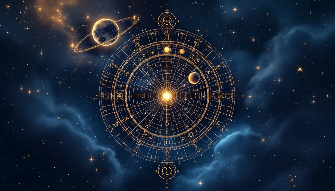 Soru anına göre kurulmuş bir astroloji haritasını simgeleyen kozmik gök haritası illüstrasyonu