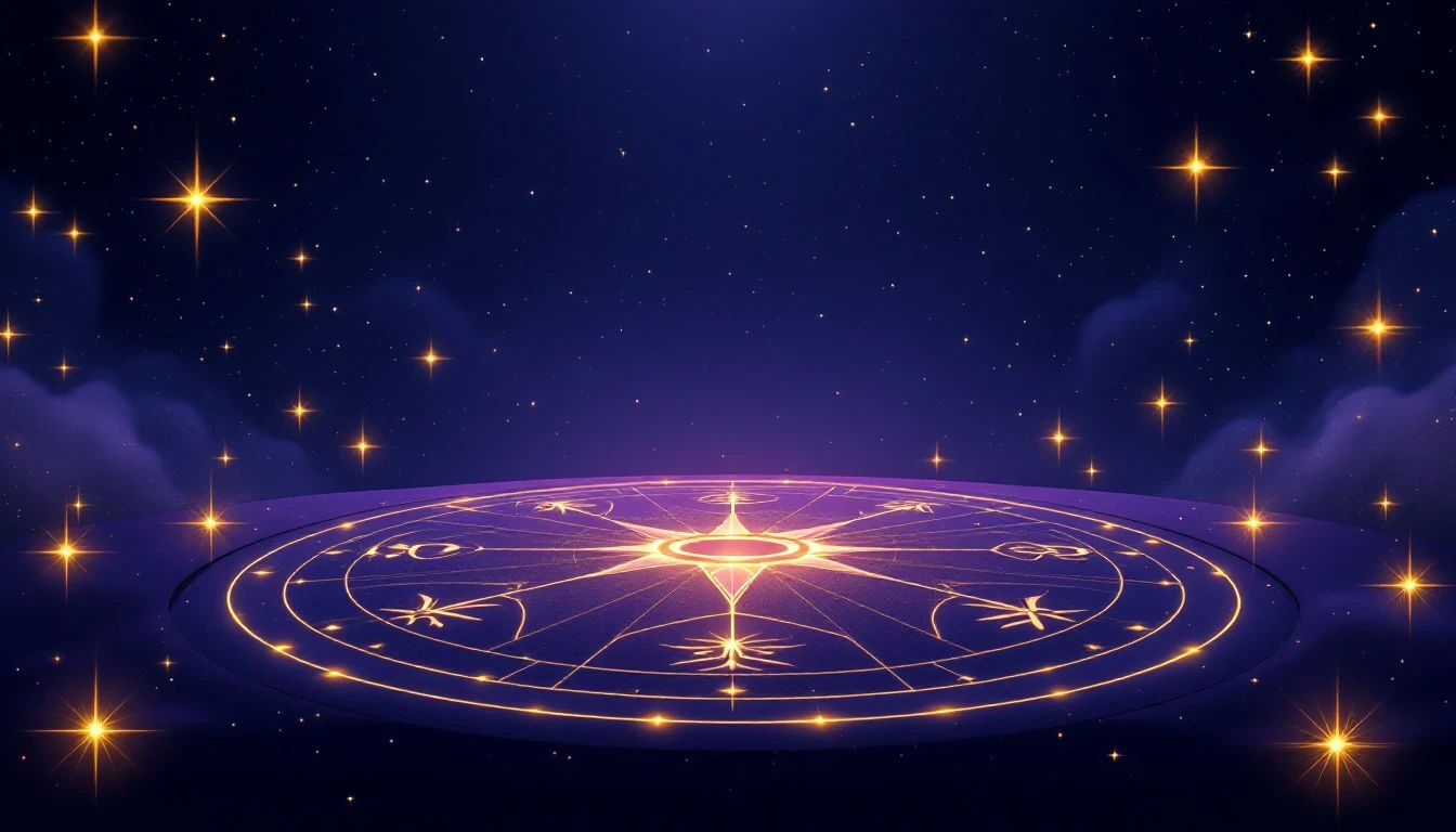 Yıldızlı gece göğü altında sembolik tarot kartları ve kozmik desenlerle çevrili gizemli bir masa sahnesi